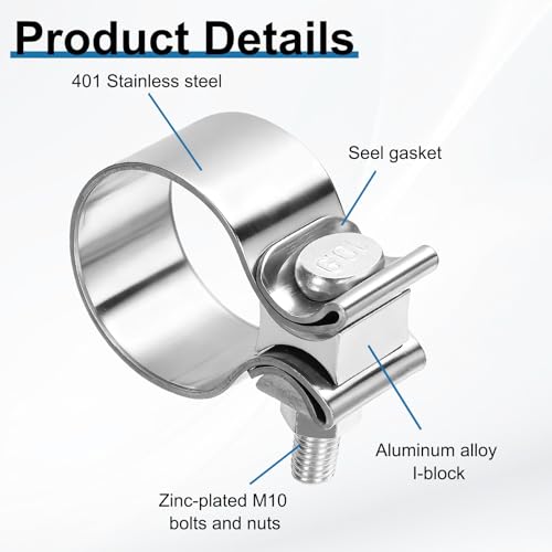 HARFINGTON 410 Stainless Steel Exhaust Clamp 1.89" Butt Joint Narrow Band Muffler Seal Exhaust Narrow Lap Butt Clamps for Pipes Mufflers Converters System Repair, Silver - size: Range 48-55 mm, Band Width 30mm