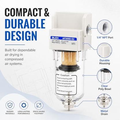 BLCH 1/4" NPT Air Line Dryer - Air Dryer for Compressor,Compressed Air Dryer Air Drying System AF2000-02Z Manual Drain Poly Bowl 0-160 PSI 5μm - style: AF2000-02