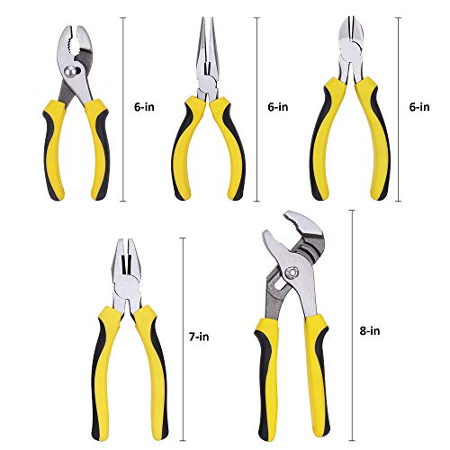 TOPLINE 5-Piece Pliers Set, Pliers Tool Set Included 8" Groove Joint, 7" Linesman, 6" Long Nose, 6" Slip Joint, 6" Diagonalfor Basic Home Maintenance