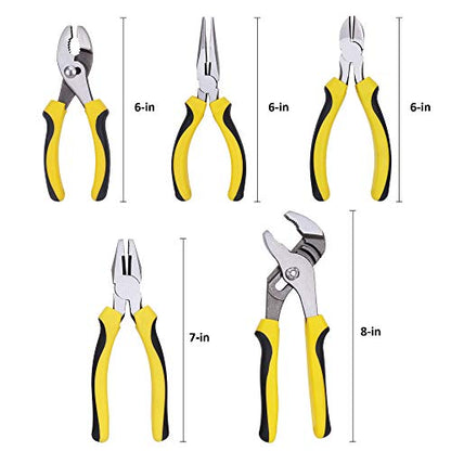 TOPLINE 5-Piece Pliers Set, Pliers Tool Set Included 8" Groove Joint, 7" Linesman, 6" Long Nose, 6" Slip Joint, 6" Diagonalfor Basic Home Maintenance