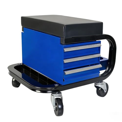 Rolling Mechanic Stool with Wheels, Creeper Seat with 3 Built-in Tool Drawers, Side Tool Tray & Rear Bottle Tray for Shop & Work, Garage Use (14" L × 15" W × 15" H) - color: Blue W/ 3 Slide Drawers