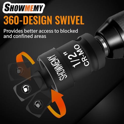 Swivel Socket Set, 3 Pcs Impact Swivel Socket Set with 3 Pcs Impact Socket Adapter, Wobble Socket, Impact Grade Universal Joint, Cr-Mo Steel, 1/4-Inch, 3/8-Inch, 1/2-Inch Drive/Adapter