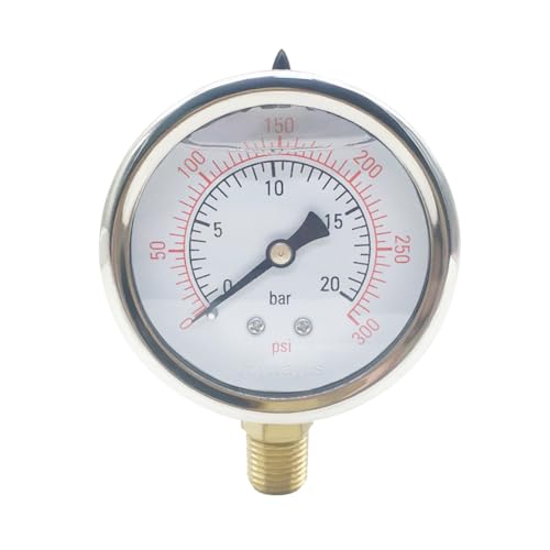 Joywayus Pressure Gauge 0-300 PSI Brass 1/4" NPT Male Thread Lower Mount, Glycerin Filled, Stainless Steel Case, Multiple Function - size: 0-300PSI--1/4", style: Glycerin Filled