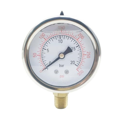 Joywayus Pressure Gauge 0-300 PSI Brass 1/4" NPT Male Thread Lower Mount, Glycerin Filled, Stainless Steel Case, Multiple Function - size: 0-300PSI--1/4", style: Glycerin Filled