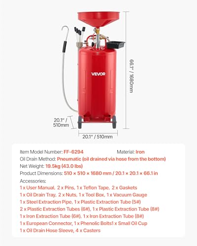 VEVOR 21 Gallon Waste Oil Drain Tank, Air Operated Portable Oil Drainer with Adjustable Funnel Height, Industrial Fluid Drain Tank with Wheels, Fluid Fuel Transfer Drainage for Auto Repair Shops, Red - size: 20.1 x 20.1 x 66.1 in