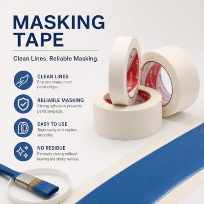 Masking Tape, 2 Inch x 55 Yards (3 Rolls Total 165 Yards) - Medium Adhesion White Painters Tape for Painting, Arts & Crafts, Home DIY | Hand Tearable, Multi-Surface - size: 3 Rolls*2 inch*55Y