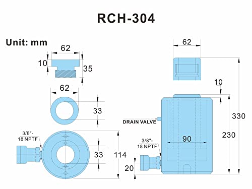 AMZCNC 30 Ton Hollow Hydraulic Ram Cylinder, 4 Inch, Single Acting - size: 30T 4Inch