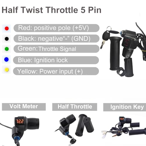Doinal Electric Twist Throttle 72V 60V 48V 36V 24V Universal Throttle for Electric Scooter Razor Dirt Bike, Volt Meter Throttle with Key, 3 Speed Throttle, Twist Throttle for Electric Motorcycle ATVS - style: Half Twist Throttle