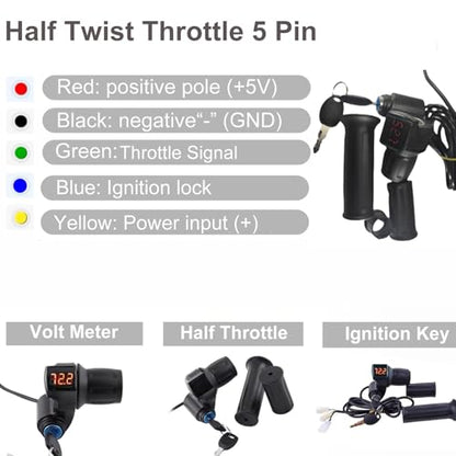 Doinal Electric Twist Throttle 72V 60V 48V 36V 24V Universal Throttle for Electric Scooter Razor Dirt Bike, Volt Meter Throttle with Key, 3 Speed Throttle, Twist Throttle for Electric Motorcycle ATVS - style: Half Twist Throttle