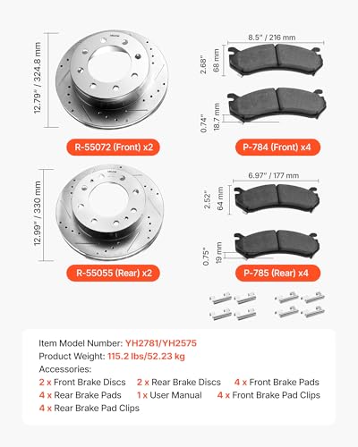 VEVOR Front and Rear Brake Kit Compatible with 2002-2006 Chevrolet Avalanche 2500 (8 STUD), 2002-2004 Chevrolet Silverado 2500 (Models w/Manual Transmission ONLY), Drilled & Slotted Brake Rotors - size: S-55072 + S-55055