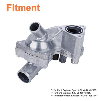 Upgrade Aluminum thermostat Housing assembly.Fit for Mercury Mountaineer 4.0L 1998-2001, Ford Explorer 4.0L 1997-2001.Replaces Part # 2L2Z8592BA.