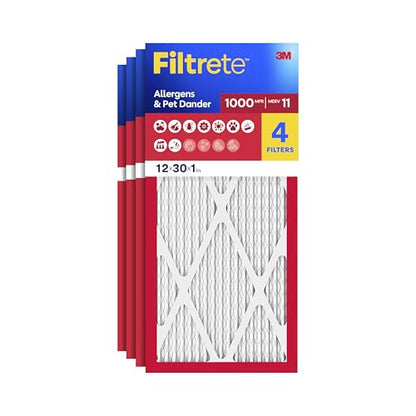 Filtrete 12x30x1 Air Filter, MERV 11, MPR 1000, Allergens & Pet Dander, 3-Month AC and Furnace Filters, Cleaner Air, Reliable Airflow, 4 HVAC Filters (Actual Size 11.81 x 29.81 x 0.81 in) - size: 12x30x1