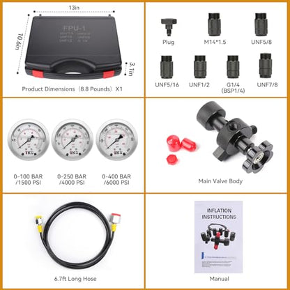 Hydraulic Nitrogen Accumulator Charging Kit, Nitrogen Fill Kit, Nitrogen Pressure Test System with 7 Couplings, 3 Gauges(1500PSI /4000PSI/ 6000PSI), and 1 Gas Hose (3 Gauges) - size: 3 Gauges 7 Couplings