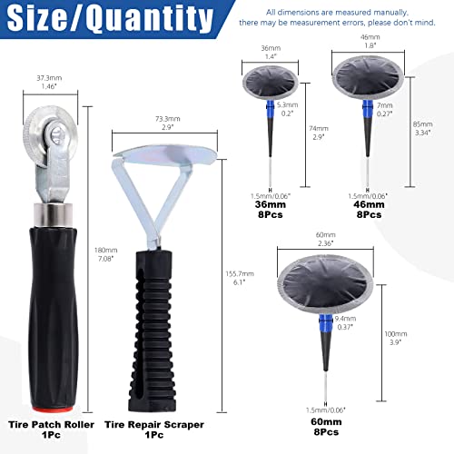 Glarks 26Pcs Tire Repair Patch Tool Kit Including 1Pc Tire Patch Roller, 1Pc Tire Inner Liner Scraper and 24Pcs 4mm/6mm/9mm Tire Repair Patch Plug for Car, Motorcycle, Electric Vehicle Repairing