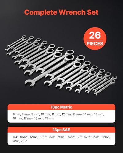 VEVOR Combination Wrench Set, 26-Piece SAE and Metric, 72 Teeth, Cr-V Steel Ratcheting Wrench Set, with Rack Organizer, Open End, Clear Size Labels, for General Household, Automotive Repairs, Silver - size: 26PCS
