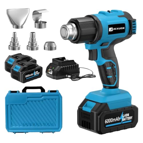 JEXUGK Cordless Heat Gun, Portable Hot Air Gun with 2 x 6.0Ah Battery and 4 Nozzles, 140℉-1004℉ Fast Heating Shrink for Vinyl Wrap, Automotive, Paint Removal