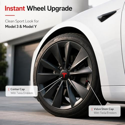 4 Pack Wheel Center Cover for Tesla Model 3 & Model Y,56mm Hubcaps Wheel Rim Cover Tesla Center Caps Hubcaps+4 Car Valve Stem Caps (Matte Black+Red Emblem) - color: Matte Black+Red Emblem