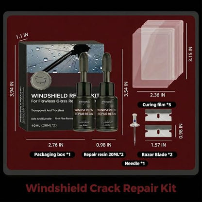 Windshield Repair Kit, Windshield Chip & Crack Repair Kit, Glass Repair Liquid for Car Window Cracks, Bullseye and Star-shaped Cracks, DIY Auto Glass Restoration Tool with UV Curing Resin, 40ML