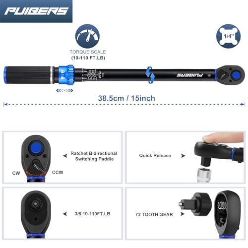 3/8 inch Drive Click Torque Wrench, Click Torque Wrench 3/8 Torquimetro 10-110 FT.LB/13.6-149.2 Nm, Dual-Direction Adjustable 72 Tooth for Bike Moto and Car Repair - size: 3/8" 10-110 FT.LB