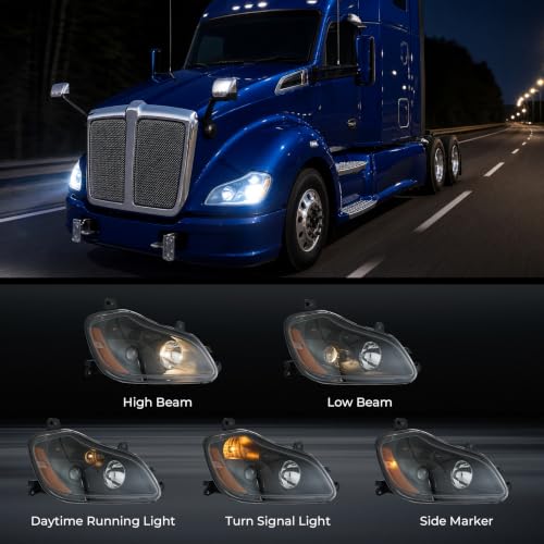 VRC Headlights Halogen Compatible with 2013-2021 Kenworth T680 (2013-2021 Halogen Pair Black) - size: 2013-2021 Halogen Pair Black