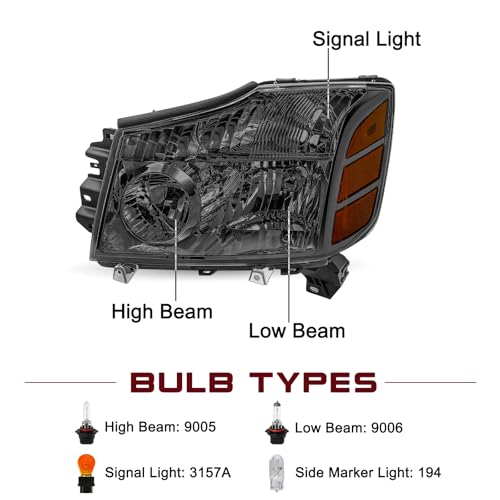 JSBOYAT Headlight Assembly Fit for 2004-2015 Nissan Titan / 05-07 Armada - color: Amber Reflector with Smoke Lens, size: With High & Low Beam Bulbs