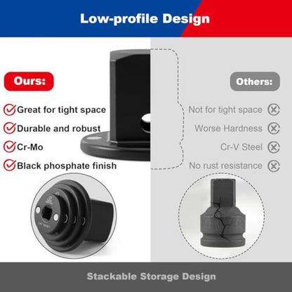 Socket Set Adapter,Low Profile Impact Socket Set Works with Impact Wrench，Torque Wrench，Electric Ratchet，Designed for Confined Space，3/8" to 1/2", 1/4" to 3/8", 3/4" to 1", 1/2" to 3/4", 4PC