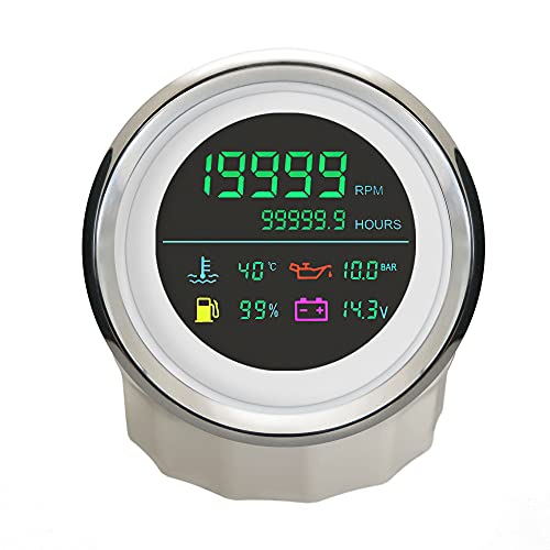 ELING 6 in 1 Adjustable Multifunctional Gauge Tachometer Fuel Level Water Temp Oil Pressure Hour Voltmeter 85mm Dimension for Boat Car Motorcycle (White+Stainless) - color: White+Stainless Steel