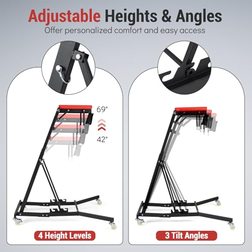 Topside Automotive Engine Creeper, Foldable Mechanic Creeper with 42"-69" Adjustable Height, Casters & Tool Pouch, 400 LBS Capacity Creeper for Truck, SUV & Garage Repair, Black & Red