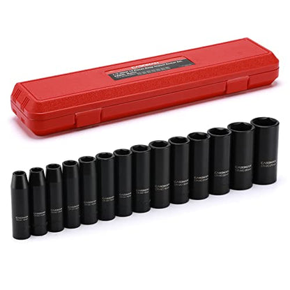 CASOMAN 1/2-Inch Drive Deep Impact Socket Set, 14 Pieces Set, 10mm-27mm, CR-MO, Metric, Heavy Duty Storage Case - size: 10mm-27mm, Deep