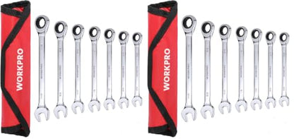 WORKPRO 7-Piece Ratcheting Combination Wrench Set, 72 Teeth, Cr-V Constructed, Combo Ratchet Wrenches Set with Roll Up Pouch, SAE 5/16"-11/16" (Pack of 2) - size: SAE (Pack of 2)