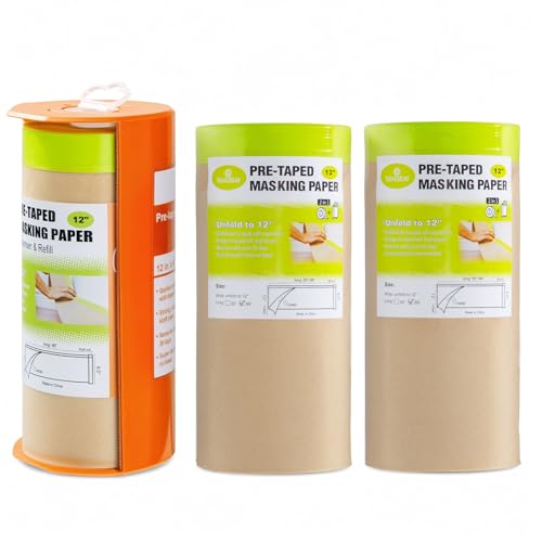 Tangibay Pre-Taped Masking Paper with Dispenser - 12" x 66' Painters Paper and Tape for Painting House, Auto Body, Cars (1 Dispenser 3 Refills) - size: 1 Dsp. 3 Refills: 12"x66'