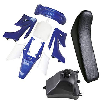 TDPRO Plastic Fairing Kit Fender Parts and Black Seat & 3L Gas Petrol Fuel Tank for Apollo Orion 110cc 125cc 150cc Pit Dirt Bike (4Blue+3White) - color: 4Blue+3White