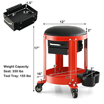 S AFSTAR Garage Shop Roller Seats, Adjustable Pneumatic Rolling Creeper Stool W/Removable Padded Seat, 2-Direction Drawers, Twin Can Holder, Round Mechanic Rolling Stool, 330 LBS Max Load