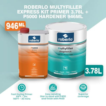 Roberlo Multyfiller Express Primer Filler with Hardener - High-Build Automotive Primer for Car Repair, Fast Drying, Easy Sanding, Excellent Adhesion to Steel & Aluminum - 3.78L Primer + 946ml Hardener - size: 3.78L Primer + 946ml Hardener