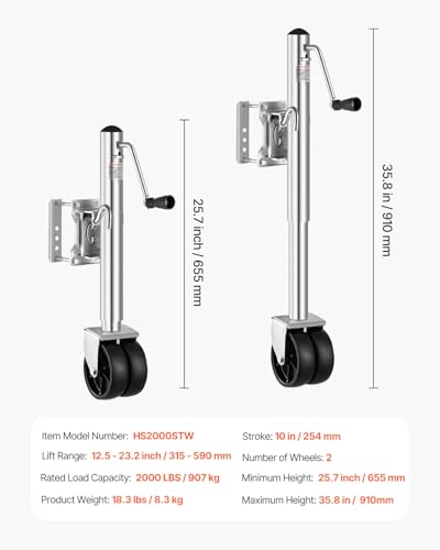 VEVOR Trailer Jack with Wheel, 2000 lbs Load Capacity, Heavy Duty Swivel Boat Trailer Jack with PP Single Wheel & Ergonomic Handle, 12-inch Lift, Fit for RVs, Boats, Horse Trailers, Utility Trailers - size: 2000lbs Upgraded (12-inch Lift)