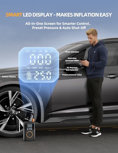 Tire Inflator Portable Air Compressor-150PSI Tire Air Pump, 5X Faster with Digital Gauge, Auto-Off & LED Light, Air Pump for Car Tires, Motorcycle, Bike, Balls & More, Car Gifts for Men Women