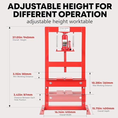 6-Ton Hydraulic h-Frame Shop Press with Adjustable Worktable & Press Plates | Heavy-Duty Press for Bending Straightening Bearing Installation | Ideal for Auto Repair Garages & Workshops,Red. - color: Red -6T