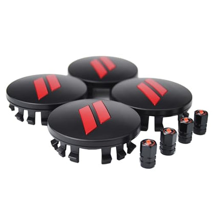 (Set of 4) 63mm=2.5 inches // Slash Wheel Center Caps Covers HubCaps + Tire Valve Stem Caps Trim for Dodge Charger Challenger Durango Hornet Dart R/T SRT Magnum Nitro Journey Caliber Avenger - color: red // on matte black wheel caps + tire valve caps