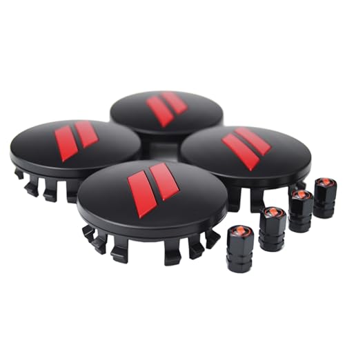 (Set of 4) 63mm=2.5 inches // Slash Wheel Center Caps Covers HubCaps + Tire Valve Stem Caps Trim for Dodge Charger Challenger Durango Hornet Dart R/T SRT Magnum Nitro Journey Caliber Avenger - color: red // on matte black wheel caps + tire valve caps