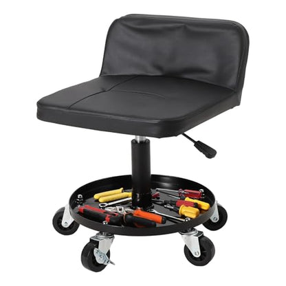 Rolling Shop Stool w/ 3" Locking Swivel Wheels, 300LB Capacity, 18"-22" Height Adjustable with Soft Cushion & Tool Tray, Telescoping Mechanic Seat for Garage, Auto Repair, Heavy-Duty, Black - size: Black-1