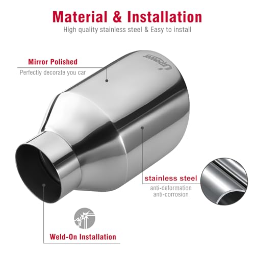 Upower 2.5" inlet Universal Diesel Exhaust Tip 4.5" Outlet 7" Long Polished Stainless Steel Exhaust Tailpipe Weld-On Double Wall Slant Cut Tail Pipe (2PCS) - style: Polished Sliver