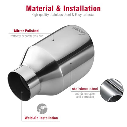 Upower 2.5" inlet Universal Diesel Exhaust Tip 4.5" Outlet 7" Long Polished Stainless Steel Exhaust Tailpipe Weld-On Double Wall Slant Cut Tail Pipe (2PCS) - style: Polished Sliver