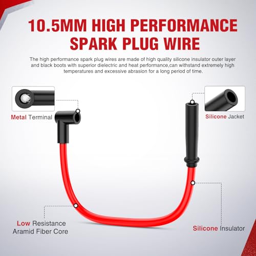 Nilight 9 PCS 10.5mm Straight Boots Spark Plug Ignition Wire - size: 10.5mm - SBC BBC 305 350 454 HEI - Straight Boots
