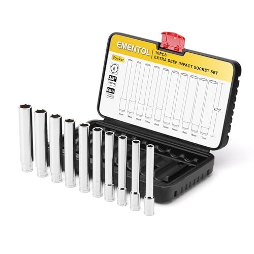 EMENTOL 10PCS 3/8-Inch Drive Metric Deep Socket Set, 8-17MM Deep Sockets, Extra Long, 6-point, Cr-V Steel - size: 3/8" Drive Metric (8-17mm)