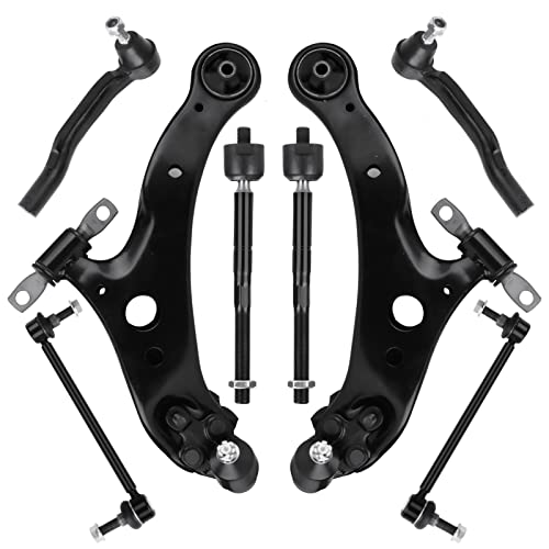 Front Lower Control Arm with Ball Joint Assembly Passenger & Driver Side + Stabilizer Sway Bar End Link + Outer Inner Tie Rod End Suspension Kit for 2004 2005 2006 2007 2008 2009 2010 Toyota Sienna