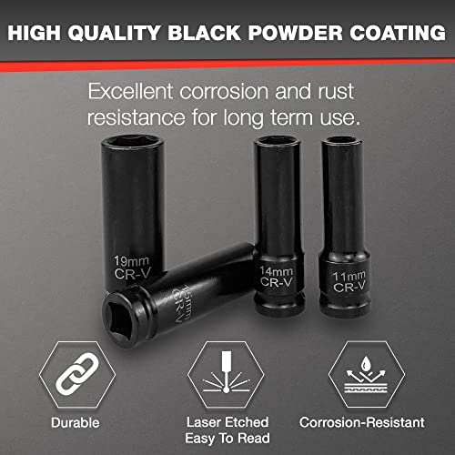 EACELIY 33pcs 1/2" Impact Socket Set (8-22mm), Metric Socket Set, Cr-V Steel, 6 Point Deep & Shallow Sockets, with 5" 10" Extension Bars and 1/2" Universal Joint - size: 1/2" Deep/Shallow Sockets (8-22mm)