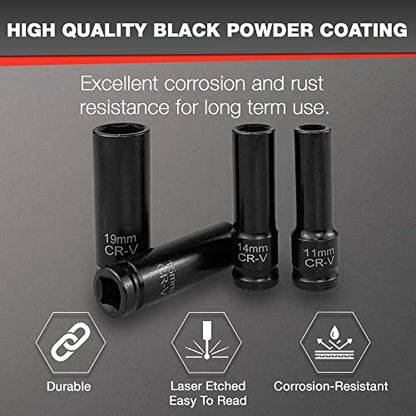 EACELIY 33pcs 1/2" Impact Socket Set (8-22mm), Metric Socket Set, Cr-V Steel, 6 Point Deep & Shallow Sockets, with 5" 10" Extension Bars and 1/2" Universal Joint - size: 1/2" Deep/Shallow Sockets (8-22mm)