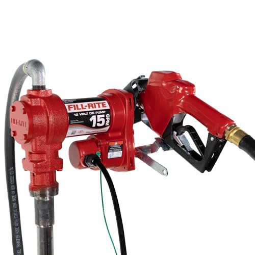 Fill-Rite FR1210HA 12V 15 GPM Fuel Transfer Pump with Discharge Hose & Automatic Nozzle, Red | Gasoline, Diesel, Kerosene, Ethanol & Methanol Blends & Biodiesel - style: Auto Nozzle (Red)