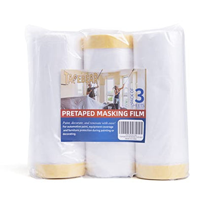 TAPEBEAR Pre-Taped Masking Film Tape and Drape 5feet x 90feet 3Rolls - size: 1400mm x 27m