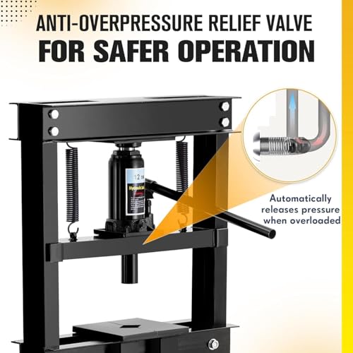 12 Ton/26000lbs Shop Press, Hydraulic H-Frame, Movable Plates, Adjustable Height, Safety Relief Valve